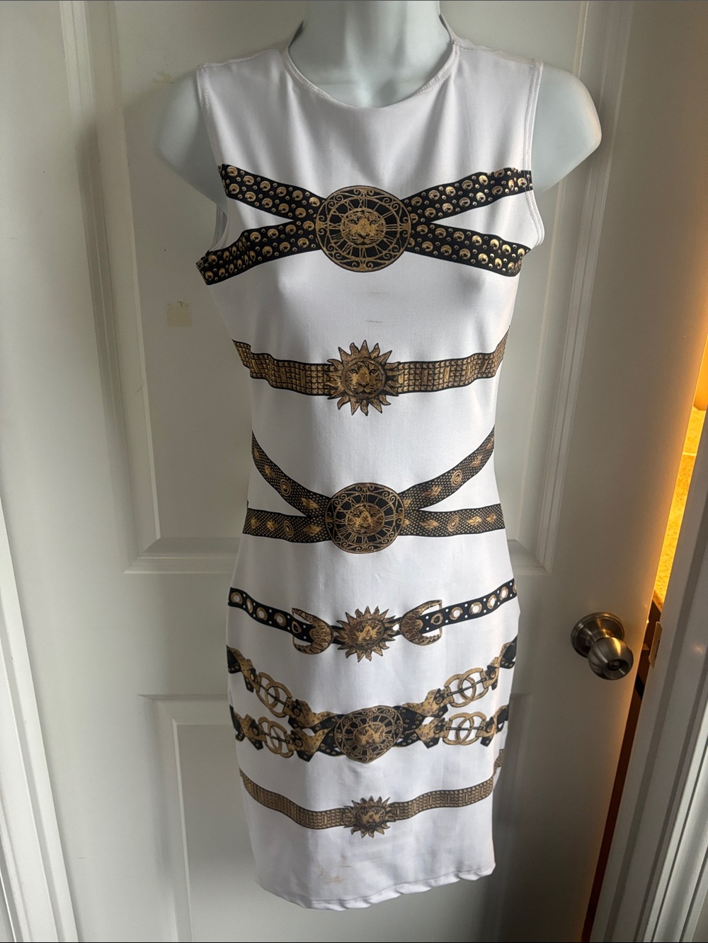 Boss Baddie White Sheath Dress with Gold Belt Print